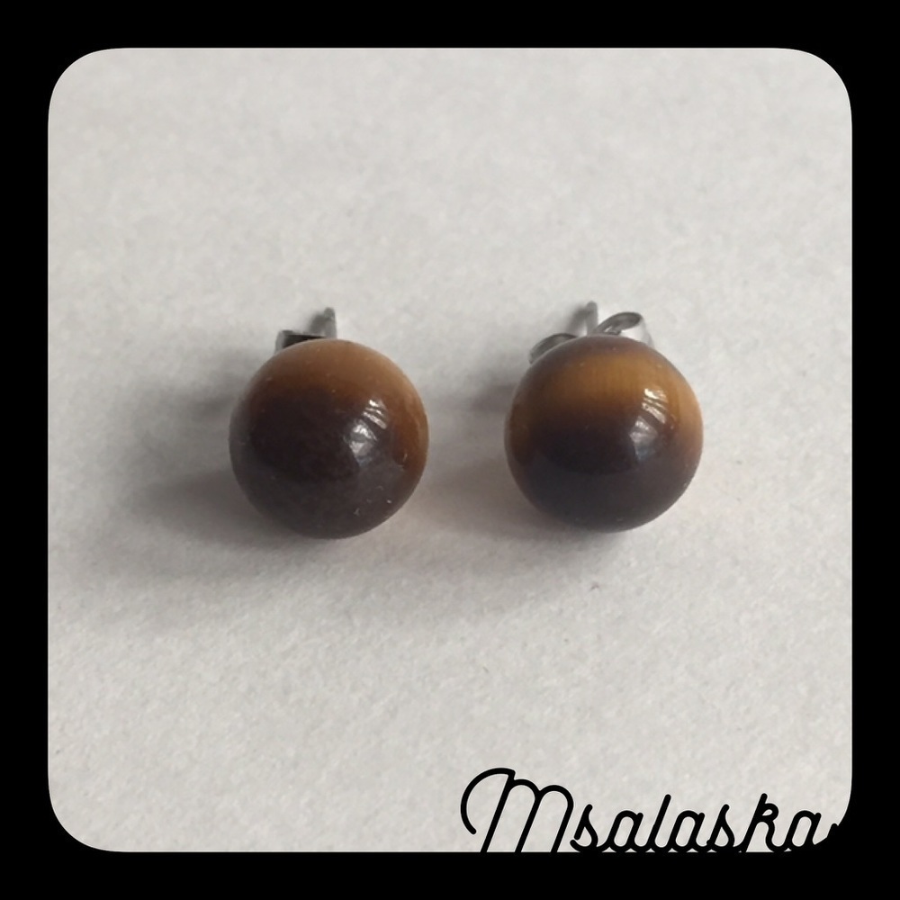 Tiger's Eye Gemstone Ball Stud Pierced Casual Minimalist Earrings - Picture 2 of 3